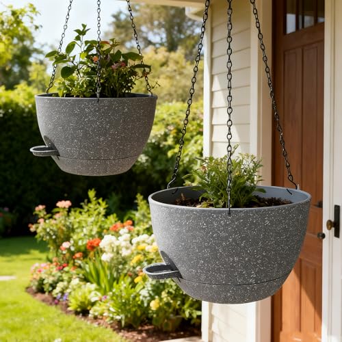 WOUSIWER Self Watering Hanging Planters, 2 Pack 12'' Plastic Pots with Drainage Holes & Reservoir Tray (Speckled Grey) | Indoor & Outdoor Use for Ferns, Ivy, Herbs, Succulents - color: Grey Speckled, size: 2 Pack 12 inches