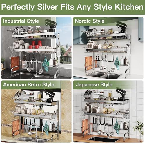 Over The Sink Dish Drying Rack, Extra Large Capacity Dish Drainer | 3 Tier Extra Large All Stainless Steel Expandable Plate Strainers, Rustproof Metal, Counter Space Saving, Modern Silver - color: Silver, style: Over Sink 3 Tier