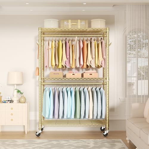 P1 Plus Rolling Clothes Rack, 22mm Diameter Heavy Duty Garment Rack | Clothing Rack with Wheels, Portable Closets with Shelves and Hanger Rods, 45"W x 17.7"D x 80.5"H, Load 524lbs, Gold - color: Gold, size: P1 Plus