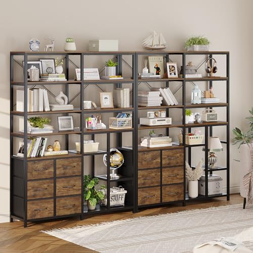 Corner Bookshelf, 7-Tier Bookcases Tall Convertible Book Shelf, Brown | Industrial Corner Bookshelves with 6 Fabric Drawers, for Living Room, Kitchen, Home Office - color: Rustic Brown & Black