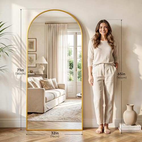 71"×32" Arched Full Length Floor Mirror, Standing Mirror with Aluminum Frame, Large Body Mirror of Free Standing/Wall Mount/Leaning for Bedroom, Living Room, Dressing Room, Gold - color: Gold, size: 71"L x 32"W
