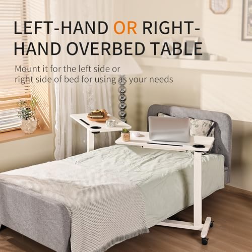 Adjustable Hospital Overbed Table with Drawer, Wheels, Cup Holder | Adjustable Height Rolling Laptop Over Bed Desk, Portable Medical Bedside Tray with Storage, Slot, Pneumatic Home Cart| White - color: White