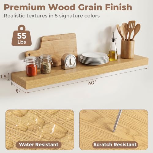 8 inch Deep Floating Shelves for Wall, 40" Wide, Oak Finish, 2-Pack | Engineered Wood Wall Shelves with Invisible Brackets for Living Room, Bedroom, Bathroom, Office & Kitchen Storage - color: Oak Finish, size: 40"W x 8"D, 2p
