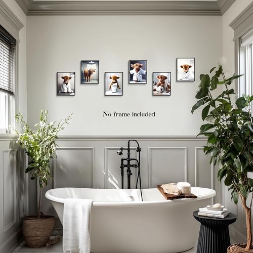 Funny Bathroom Cow Wall Art Decor Set of 9, Vintage Highland Cow Poster Prints, Unframed Rustic Animal Picture Wall Decor for Restroom, Bedroom and Nursery, 8x10 inch Art Posters - color: Bathroom Cow, size: 10L" x 8W"