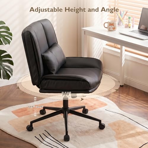 Armless Criss Cross Office Chair with Wheels,PU Leather Black | 5.5" Double Layers Thickened Seat Cushion and Backrest,Lumbar Pillow,Swivel Chair,Wide Comfortable Cross Legged,320LBS - color: Black