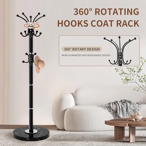 Coat Rack Stand 360°Rotary Coat Rack Freestanding with 16 Hooks | Modern Metal Coat Rack with Natural Marble Base,Coat Hanger Stand, Black Coat Hall Clothes Tree for Hallway,Entryway,Office - color: Black-16Hooks