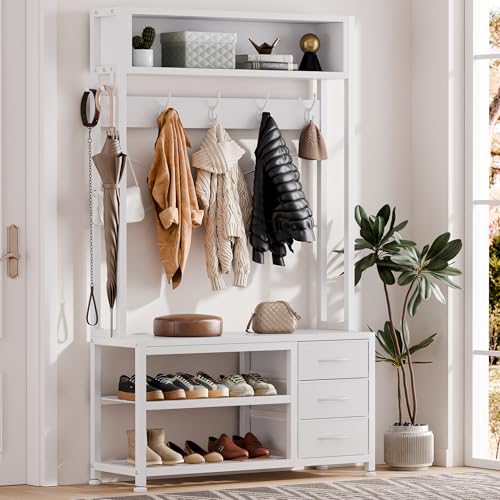 Hall Tree with Bench and 3 Drawers Storage, 31.5" Coat Rack Freestanding | White, 6-in-1, Top Cubby, 12 Coat Hooks, Adjustable Shoe Rack, Sturdy Metal Frame, Entryway Organizer - color: White, size: 31.5"W