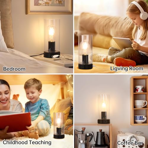 Shenmoyl Industrial Bedside Lamp with USB-A+C Charging Ports & AC Outlet, Small Touch Control Dimmable Table Lamp with Black Base Glass Shade for Bedroom, Nightstand, Dorm, Office, Desk - color: Black
