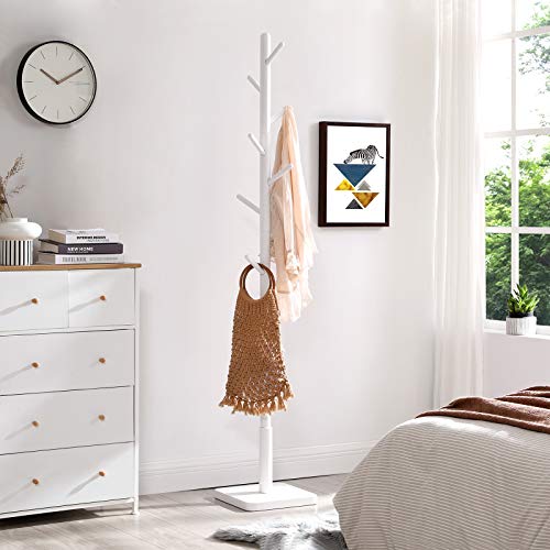 VASAGLE Solid Wood Coat Rack, Free Standing Hall Coat Tree with 8 Hooks, 3 Height Options, for Coats, Hats, Bags, Purses, for Entryway, Hallway, Rubberwood Hooks and Pole, Cloud White URCR010W02 - color: Cloud White, style: Square Base + Cylindrical Hooks