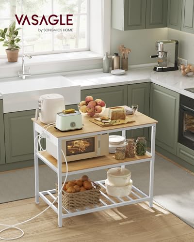 VASAGLE Kitchen Island with 3 Shelves, Kitchen Shelf with Power Strip, 23.6 x 39.4 x 34.9 Inches, Large Worktop, Steel Structure, Industrial, Easy to Assemble, Oak Color and White UKKI105Y01 - color: Oak Color + White, size: 39.4"W x 34.9"H, style: with P