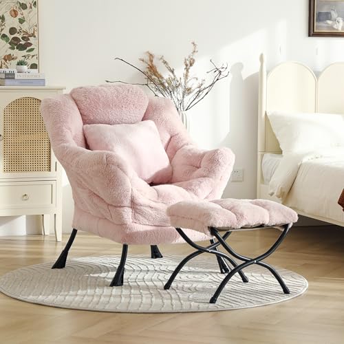 Lazy Chair with Ottoman, Plush Reading Chair with Pillow,Pink | Removable machine-washable cover; includes an extra throw pillow; cozy accent chair for living room, bedroom, dorm or office - color: Plush Cotton Candy Pink