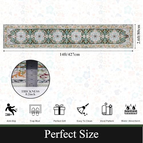 U'Artlines 2.6' x 14' Extra Long Boho Hallway Runner Rug, Green | Non Slip Washable Vintage Farmhouse Accent Area Rug Carpet for Kitchen Entryway Laundry and Living Room - color: Green, size: 2.6' x 14' (Runner)