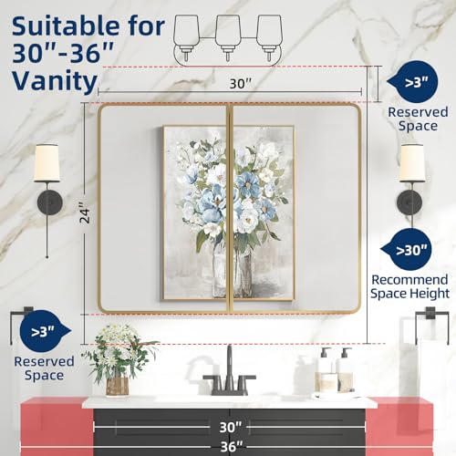 Bathroom Medicine Cabinet with Mirror 24 x 30 Inch, Brush Gold Medicine Cabinet Recessed or Surface Wall-Mounted, Mirrored Cabinets with Sturdy Metal Adjustable Shelves for Bathroom Vanity - color: Gold, size: 24*30inch