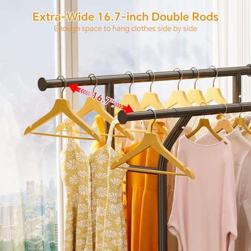 Homeiju Heavy Duty Clothes Rack Load 500LBS, Three Rods Clothing Racks for Hanging Clothes Extendable, Rolling Garment Rack with Sturdy Wheels, Basket, Storage Shelves, Black - color: Black