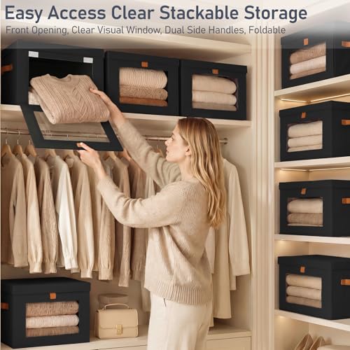 DIMJ Storage Bins with Lids - 6 Pack Front Opening Stackable Fabric Storage Boxes with Clear Window & Handles, Collapsible Closet Organizers for Clothes, Sweaters, Shelf Storage, Bedroom, Black - color: Black, size: Medium-6 Pack