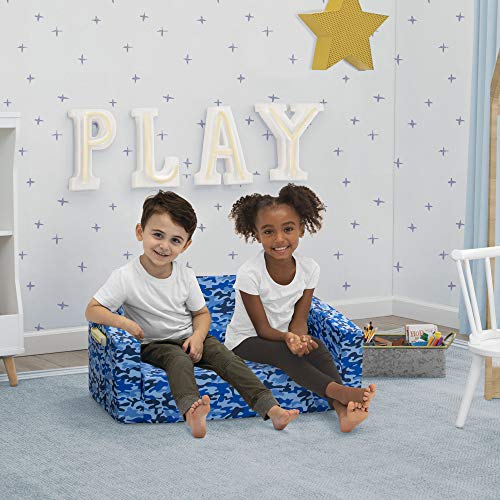 Delta Children Cozee 2-in-1 Sofa, 2-Seater Convertible Toddler Couch Sleeper, Wide 2-in-1 Flip Open Foam Chair for Playroom, Pet-Friendly, Bed Lounger, Comfy Play Sleeping Lounge Chair, Blue Camo - color: Blue Camo