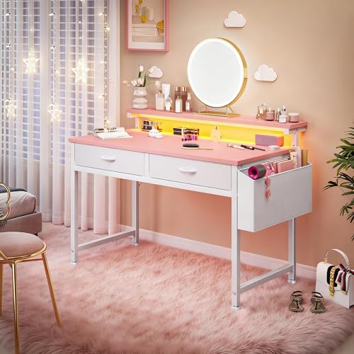 DurayLoly 31Inch Small Computer Desk with LED Lights & 2 Fabric Drawers | Gaming Desk with Side Pocket & Ergonomic Monitor Stand, Small Space Study Writing Table with Anti-Tip Design,Pink - color: Pink, size: 31.0 Inch