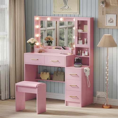 Makeup Vanity with Lights & Charging Station, Pink Vanity Table with 5 Drawers & Open Storage Shelves, Vanity Desk with Mirror & Lights, Dressing Table Set, Bedroom Makeup Table Set Gold Handle - size: 35.4 inch, style: Modern Pink