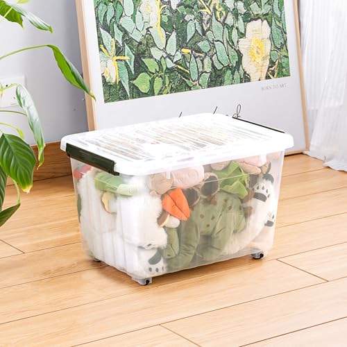 Cetomo 40Qt*3 Plastic Storage Bins, Storage Box, 3 Pack, Organizing Container with Wheels, Durable Lids and Secure Latching Buckles, Stackable and Nestable, Clear with Black Buckle - size: 35L*3