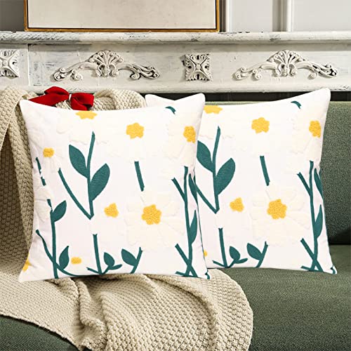 Set of 2 Embroidered Decorative Throw Pillow Covers Couch Square Pillowcases Cushion for Bedroom Sofa Farmhouse Decor 18x18 Inch (Spring Flower) - color: Spring Flower