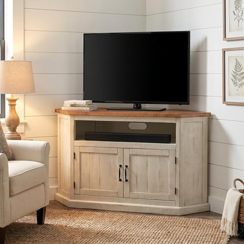 Martin Svensson Home Rustic Corner Solid Wood TV Stand, White and Honey | Entertainment Center, for TVs up to 55", Two Door Cabinet, Open Storage shelf - color: Antique White and Honey Tobacco