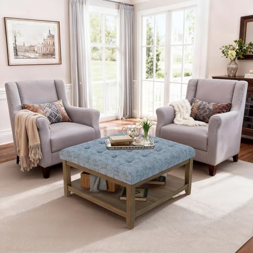 ABHENG 31.5" Large Square Storage Ottoman, Upholstery Solid Rubberwood Coffee Couch Table with Open Shelf, Foot Stool Load up to 330lb, Chenille Gray UASND67G - color: Grey, size: 31.5"D x 31.5"W x 20"H