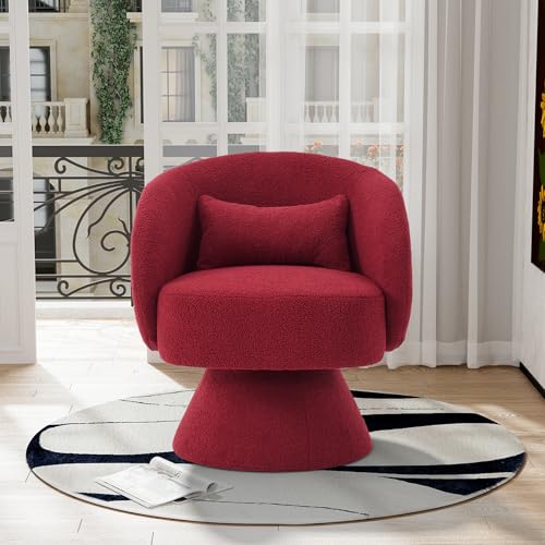 Swivel Barrel Chair Set of 2 , 360 Degree Small Accent Chair, Boucle Red | Modern 360 Degree Swivel Barrel Chair Set, Comfy Small Vanity Accent Chair with Pillow for Living Room,Bedroom,Office - color: Red
