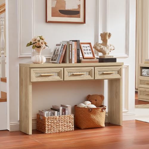RWYHG 47" Entryway Table with 3 Drawers, Boho Rattan Console Table, Natural | Layered Drawer Front Design , Open Bottom Storage, Farmhouse Behind Couch Table, Entry Table for Living Room Hallway& Foyer - color: Rattan