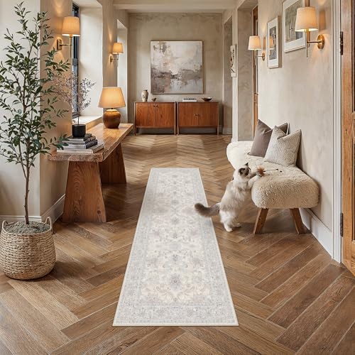 2x6 Cream Blue Neutral Runner Rug | Washable, Non Slip, Low Pile, Soft, Vintage, Floral, Distressed Farmhouse, for Hallway Entryway Kitchen Bathroom Laundry Room - color: Cream Blue, size: 2' x 6' (Runner)