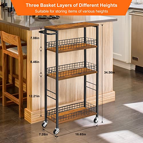 YBING Slim Storage Cart 4 Tier Narrow Kitchen Rolling Cart | Wooden Tabletop, Mobile Utility Stand on Wheels, For Bathroom Laundry Narrow Places, Rustic Brown 16.5"L x 7.3"W x 34.6"H - color: Browm