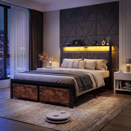 Full Size Bed Frame with Upholstered Headboard and 2 Storage Drawers | Metal Platform Bed, Smart LED Lights, Charging Station, Noise Free, No Box Spring Needed, Easy Assembly - size: Full