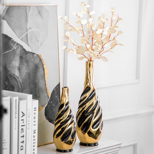 Yundu Gold with Black Vase Set of 2 | Pampas Grass Vase, Ceramic, Boho & Modern Centerpieces, Living Room Decor - color: Black With Gold
