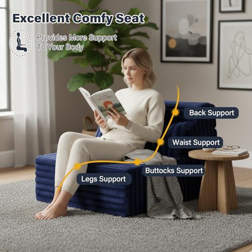 Folding Sofa Bed Convertible Sleeper Chair Mattress with Pillow & Side Pocket, Thick Corduroy Floor Mattress Couch Bed, Single Size, Navy - color: Corduroy Navy, size: Single Size