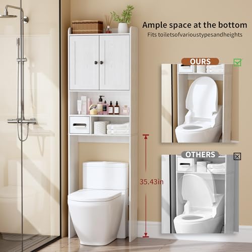 Over the Toilet Storage Cabinet, Tall Slim Bathroom Organizer with Doors, Adjustable Shelves & Built-in Toilet Paper Holder, Space-Saving Above Toilet Cabinet for Small Bathrooms(White) - color: White