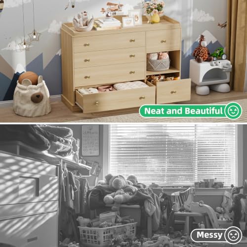 Kids Dresser Cabinet with 6 Drawers, Changing Table for Nursery with Shelf, Multi-Functional Chest of Drawers, Kids Bedroom Furniture, Nightstand for Children's Room, Natural - color: Natural