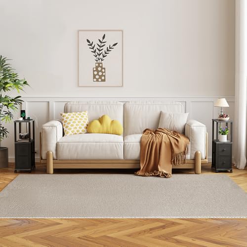 TUTOTAK Small Narrow End Tables, Side Tables with 2 Fabric Drawers, Set of 2, Bedside Tables with Charging Station for Small Spaces, Slim Nightstands with USB Ports and Wheels, TB01BY053 - color: Charcoal Grey, style: with Outlets