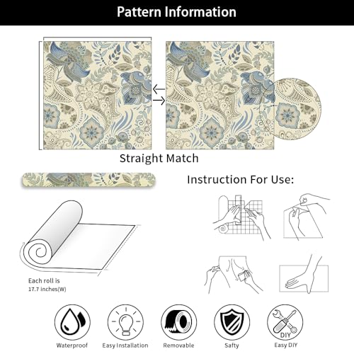 MuralPeel Beige Grey Blue Paisley Flowers Peel and Stick Wallpaper Self Adhesive Removable Easy Peel Off Stick on Wall Paper for Bedroom Cabinet Renter - color: Blue/Cream, size: 17.7" x 118.1"