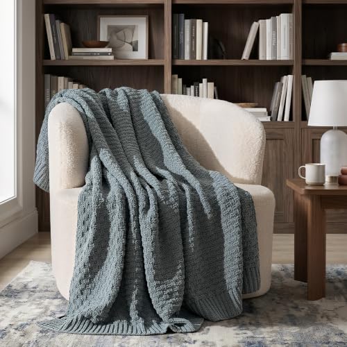 EVERGRACEHOME Chunky Chenille Knit Throw Blanket, Dusk Blue, 60" x 80" | Basketweave Chenille Knit, OEKO-TEX Certified, Lightweight Warmth, Modern Farmhouse, Decorative Throw for Couch, Bed & Sofa - color: Dusk Blue, size: 60" x 80"
