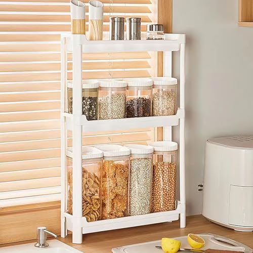 Slim Rolling Storage Cart with Wheels, Narrow Bathroom Cabinet Organizer for Small Spaces,Thin Shelf Unit,Kitchen,White (3 Tier)
