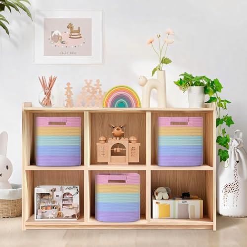11 Inch Storage Cubes, 3 Pack Cube Storage Bins for Organizing, Cotton Rope Woven Baskets for Shelves, Bathroom, Kids Room, Closets, Baby Nursery - color: Light Rainbow, size: 11"×11"×11" - 3Pcs