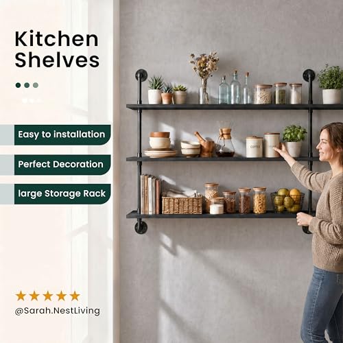 HDDFER Floating Shelves 70 inch Wall Bookshelf Industrial Pipe Shelving Shelves Real Wood Planks Rustic Wall Shelves Hanging Bookshelves Farmhouse Kitchen Bar Shelving - color: Black, size: 3Tier70in