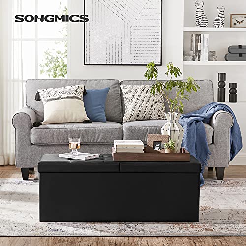 SONGMICS MAZIE Collection - 43 Inches Storage Ottoman Bench with Flipping Lid, Storage Chest with Iron Frame Support, Load 660 lb, for Living Room, Bedroom, Synthetic Leather, Black ULSF75BK - color: Black, size: 15"D x 43"W x 15"H, style: Classic