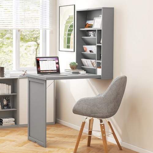 Wall Mounted Desk, Wood Collapsible Floating Desk, Convertible Computer Desk with Storage Area, Hanging Fold Out Table for Home Office, Small Spaces (Grey) - color: Grey