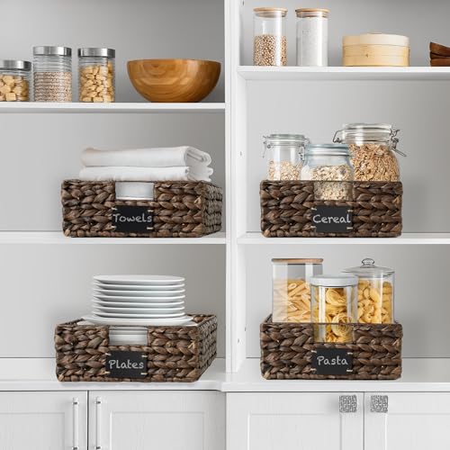 Casafield Set of 4 Water Hyacinth Pantry Baskets, 12-1/2" x 17" x 5", with Chalkboard Labels and Chalk Marker - Espresso, Woven Storage Bin Organizers for Kitchen Shelves - color: Espresso - Hyacinth, size: 12.5" x 17" x 5"