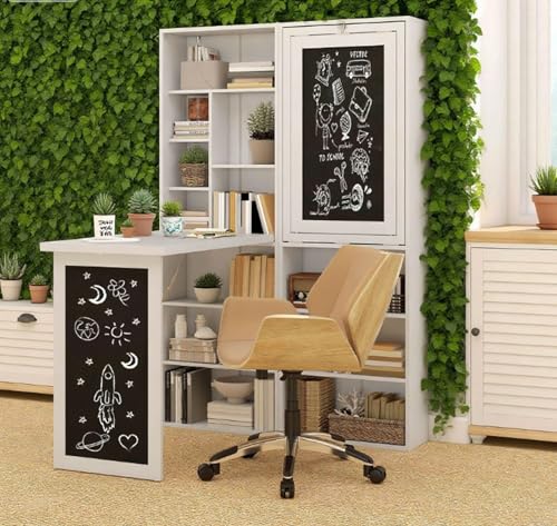 Foldable Wall Mounted Desk with Storage Shelves & Blackboard, Fold-Out Convertible Writing Table for Small Spaces | Space-Saving Floating Computer Desk for Home Office (White) - color: White