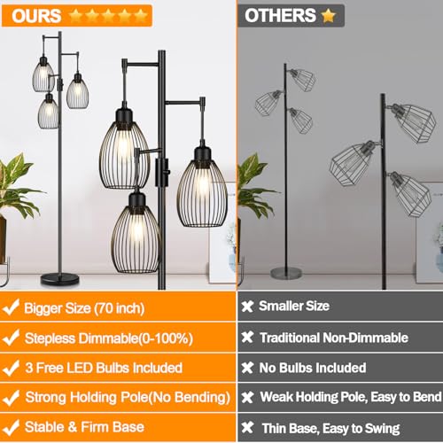 Torondo 70" Dimmable Floor Lamp with Marble Base, 3 x 800LM LED Edison Bulbs Included, Industrial Black Floor Lamps for Living Room, Rustic Tall Lamps Standing Lamp for Bedrooms Living Room - color: Black-Marble Base-70 inches