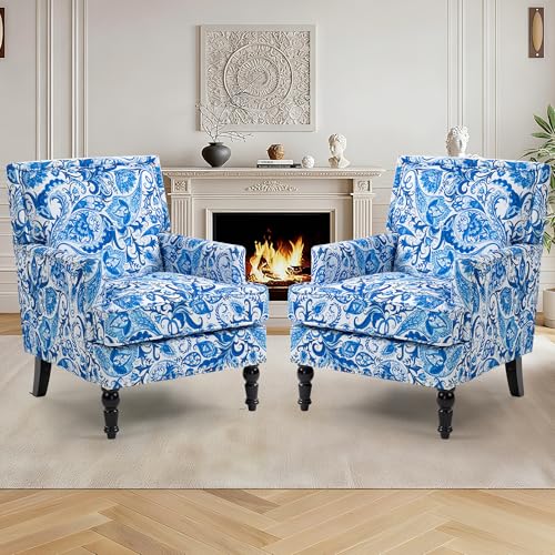 Accent Chair, Modern Comfy Mid-Century Anthropologie Accent Chairs | Linen Upholstered Wingback Lounge Arm Chair with Solid Wood,Single Floral Pattern Chair for Living Room/Balcony/Bedroom - color: Porcelain-sackcloth-001