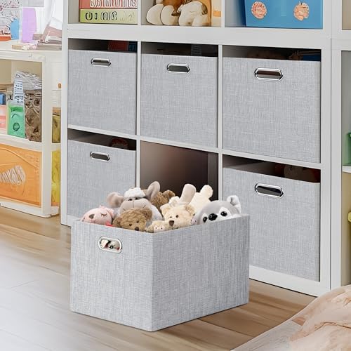 Posprica Closet Organizers and Storage, 4 Pack Large Linen Storage Bins, Decorative Shelf Storage Baskets for Organizing, Foldable Fabric Storage Box for Clothes, 16.5x12x10.25 Inch(Grey) - color: Grey, size: 16.5Lx12Wx10.25H