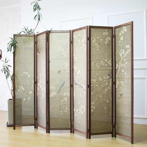 6 Panel Bamboo Room Divider for Room Separation, 5.6 ft Tall Double-Sided Folding Privacy Screen with Premium Thickened Wood Frame, White Plum and Birds (67" H x 94.5" W) - color: Plum and Birds, size: 6 Panel