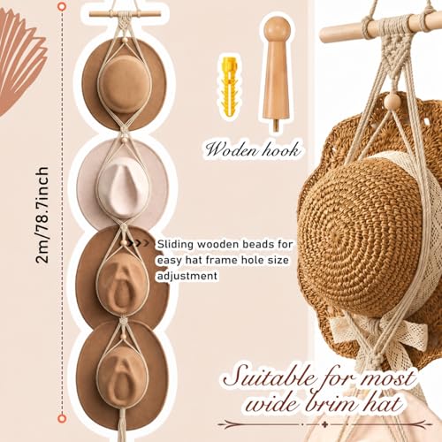 Macrame Hat Hangers Racks Boho Cowboy Hats Holders Western Display Organizer Storage decor Back of Door for Wall(Beige,Four Hats Style) - color: Beige, style: Four Hats Style